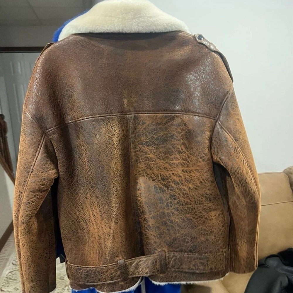 Women Real Sheepskin Flying Jacket Antique Brown Genuine Shearling Coat - Picture 5 of 6